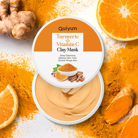 Quiyum Turmeric Vitamin C Clay Mask 90g Deep Cleansing Balance Skin Tone Smooth Rough Skin Kaolin Clay Face Mask with Aloe