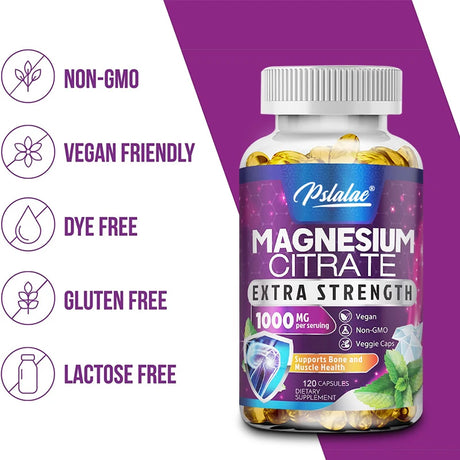 Magnesium Citrate Capsules 1000 Mg - Maximum Absorption for Muscle, Nerve, Bone and Heart Health Gluten Free, Non-GMO