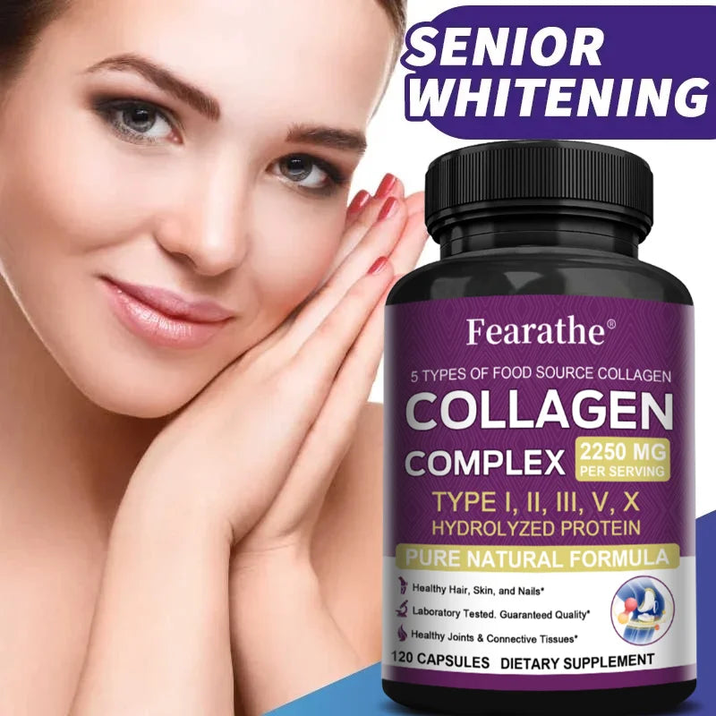 Multi Collagen Complex Capsules, 5-Type Collagen Peptides, Support Skin Hair Nail Joint Bone Nutrition Immune & Digestive Health