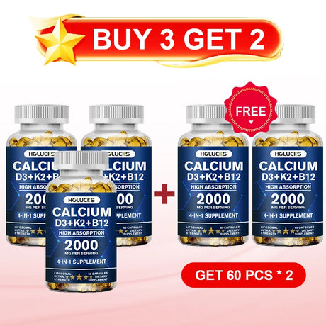 HOLUCKS Calcium D3+K2+B12 Capsules, with Calcium & Vitamin D3, Support Bone, Muscle & Heart Health