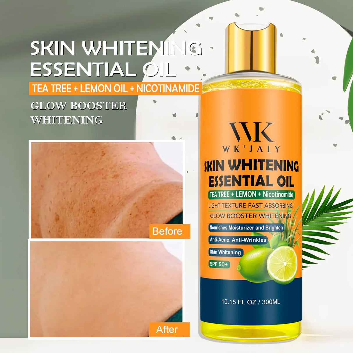 WK JALY Niacinamide Lightening Body Oil For All Skin, With Tea Tree, Lemon, Remove Acne, Fine Lines, Age Spot, Not Greasy, 300ml