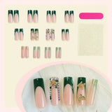 24Pcs Green French Golden Butterfly Square Press On Nails,Reusable Removable,For Daily Wear,High Quality Nail Art, Free Shipping