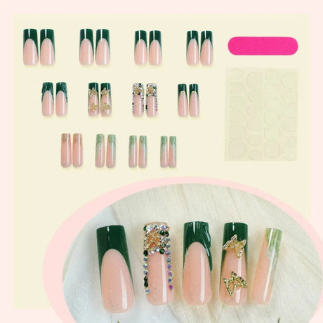 24Pcs Green French Golden Butterfly Square Press On Nails,Reusable Removable,For Daily Wear,High Quality Nail Art, Free Shipping