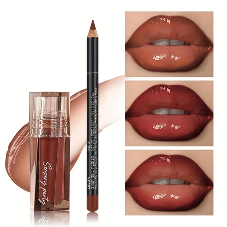 2 PCS Moisturizing lip gloss and lip liner set - 3D precise lip shaping for a perfect gradient lip look.
