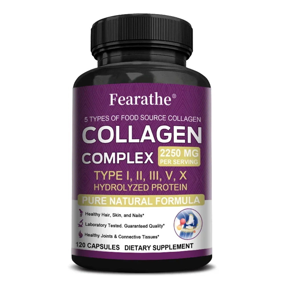 Multi Collagen Complex Capsules, 5-Type Collagen Peptides, Support Skin Hair Nail Joint Bone Nutrition Immune & Digestive Health