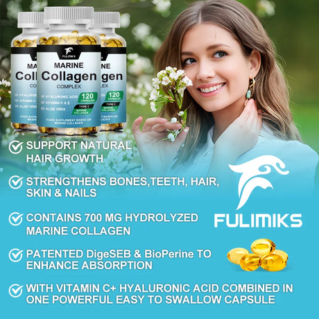 Advanced Marine Collagen Capsules, with Hyaluronic Acid, Aloe Vera & Zinc, Supports Skin Hydration, Hair Health & Vitality