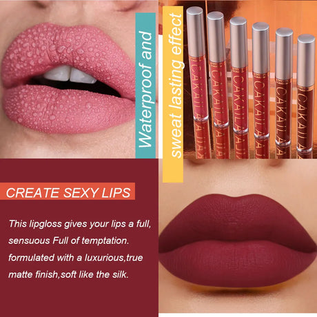 CAKAILA 6-Color Lip Gloss Lipstick Set Liquid Matte Velvet Matte Women's Makeup Long-lasting Waterproof Non-stick Cup Non-fade