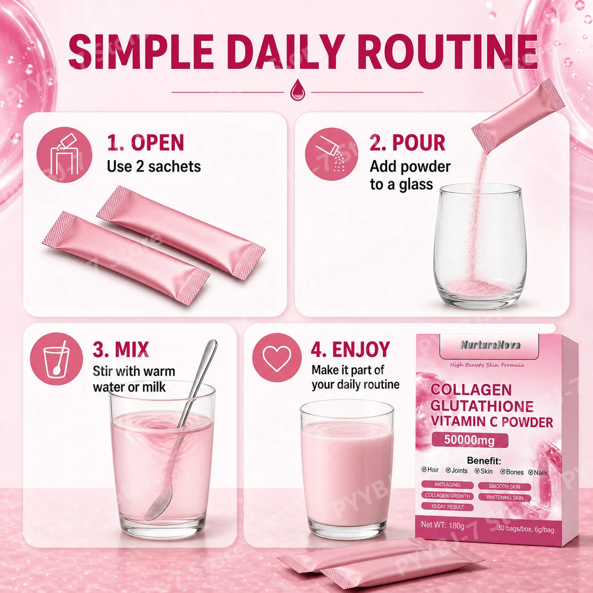 Collagen Peptides Glutathione Vitamin C Powder 30 Sachets, Marine Collagen Drink Mix Antioxidant Wellness Support