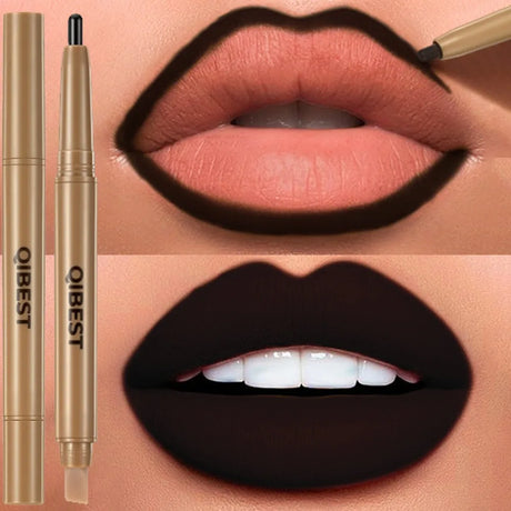 Double Head Black Lip Liner&Brush Pen Mist Matte Velvet Contour Tint Lipstick Pencil Long Lasting Nude Brown Natural Lip Makeup