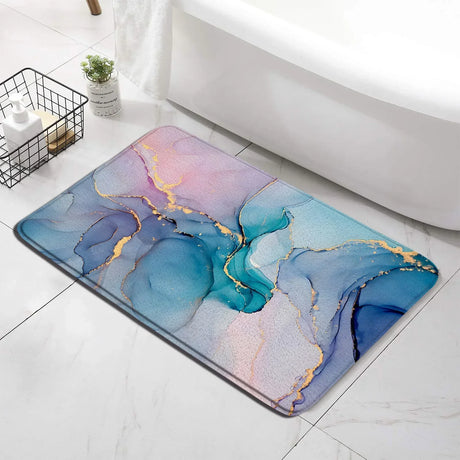 Abstract Turquoise Marble Bath Mat Set Modern Ink Art Textured Pattern Home Carpet Bathroom Decor Floor Rugs Toilet Lid Cover