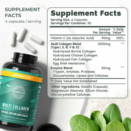 Multi Collagen Pills for Women and Men - Type I, II, III, V, X - 120 Capsules W/Vitamin C for Hair, Skin, Nails