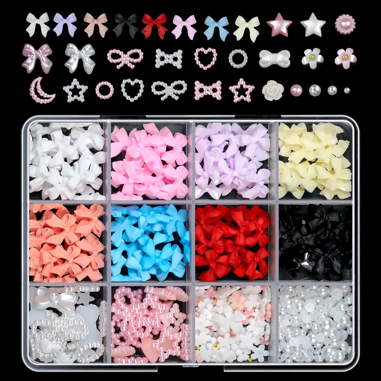 12Grids/Box 3D Mixed Bowknot Pearl Heart Nail Charms Flatback Resin Flower,Star,Moon Nail Rhinestones DIY Nail Art Decorations &