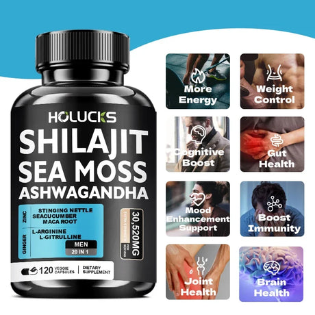 Premium Sea Moss Shilajit Ashwagandha Herbal Capsules, Boost Energy, Immune Support, Enhance Vitality & Overall Wellness