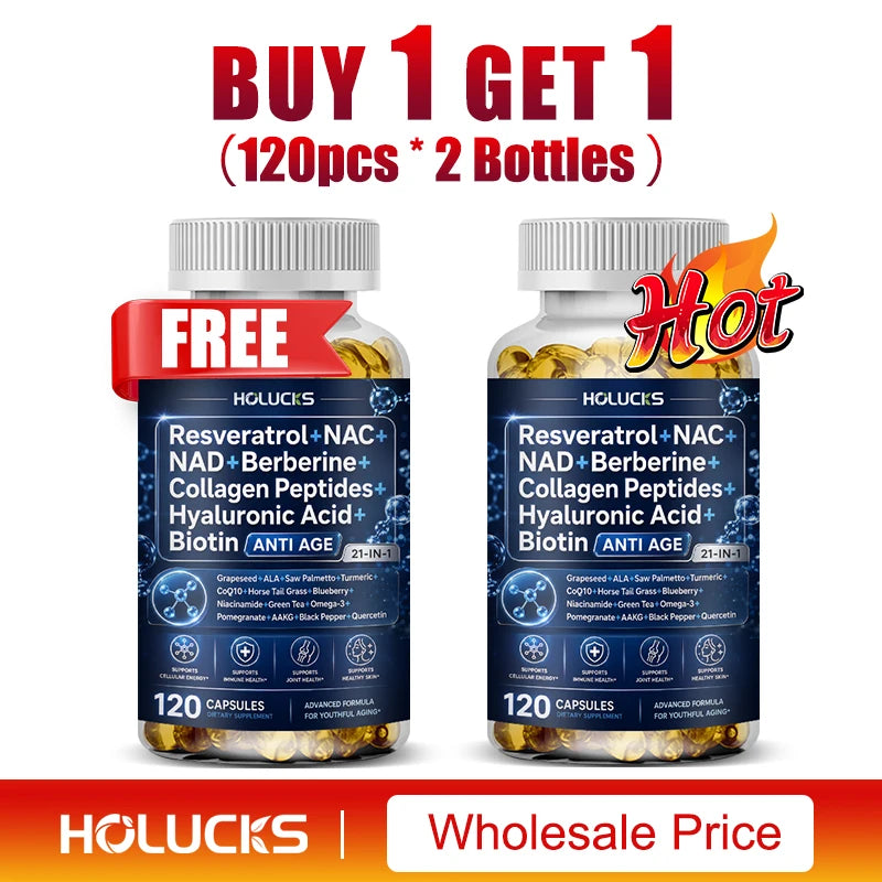 Resveratrol+NAC+NAD+Collagen Peptides+Hyaluronic Acid+Biotin Capsules, Boost Energy & Focus, Anti-Aging, Cellular Vitality