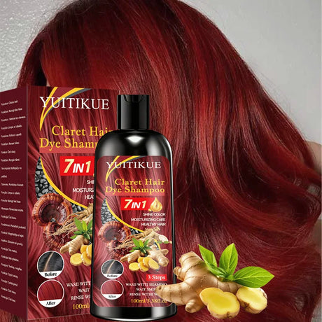 YUITIKUE 100ml Claret Hair Dye Shampoo, 7IN 1 Quick Coloring, Moisturizing Care with Natural Ingredients for Shiny, Healthy Hair
