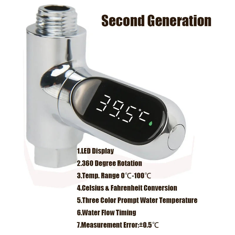 Shower Thermometer LED Display Baby Bath Water Thermometer Meter 360° Rotation Flow Water Self-Generating Temperture Monitor