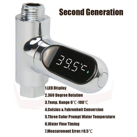 Shower Thermometer LED Display Baby Bath Water Thermometer Meter 360° Rotation Flow Water Self-Generating Temperture Monitor