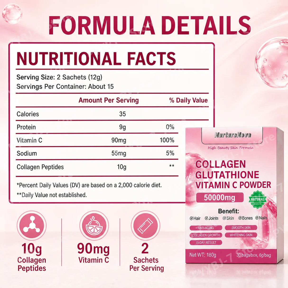 Collagen Peptides Glutathione Vitamin C Powder 30 Sachets, Marine Collagen Drink Mix Antioxidant Wellness Support