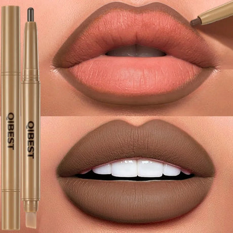 Double Head Black Lip Liner&Brush Pen Mist Matte Velvet Contour Tint Lipstick Pencil Long Lasting Nude Brown Natural Lip Makeup