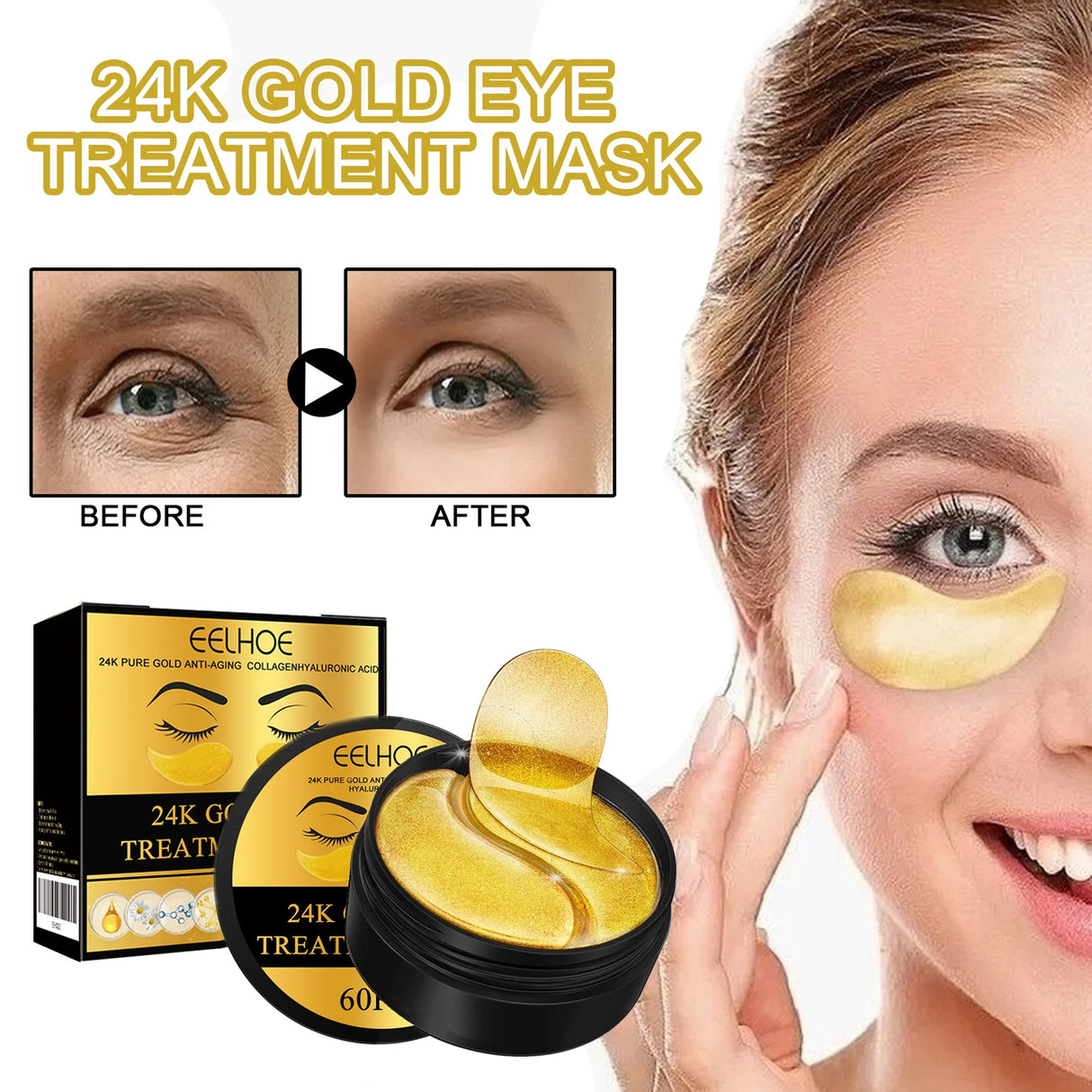 EELHOE 24k Gold Under Eye Patches 60 Pcs Eye Mask Pure Gold Anti-Aging Collagen Hyaluronic Acid Under Eye Mask