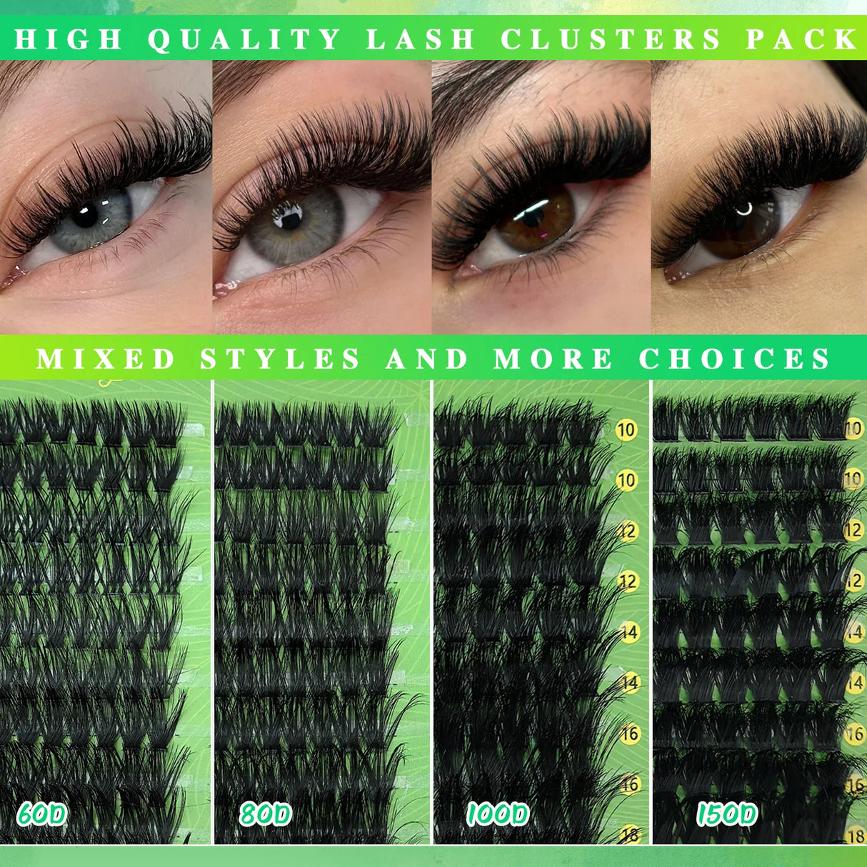 600pcs DIY Eyelash Clusters Kit - 60D 80D 100D 150D, 10-18mm Length Mix | Thick Natural Reusable False Lashes for Doll