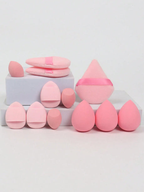 12pcs All-Purpose Makeup Sponges Set Consisting Of 3 Triangular Powder Puffs, 3 Mini Air Cushion Powder Puffs, 3 Water Drop Shaped Makeup Sponge, And 3 Mini Makeup Sponge. Suitable For Liquid Foundation, Powder Foundation, An