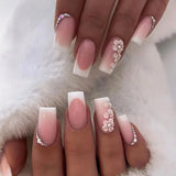 24 PCs Short French Simple Flower Pile Drill Nails with 1 Jelly Glue and 1 Nail File