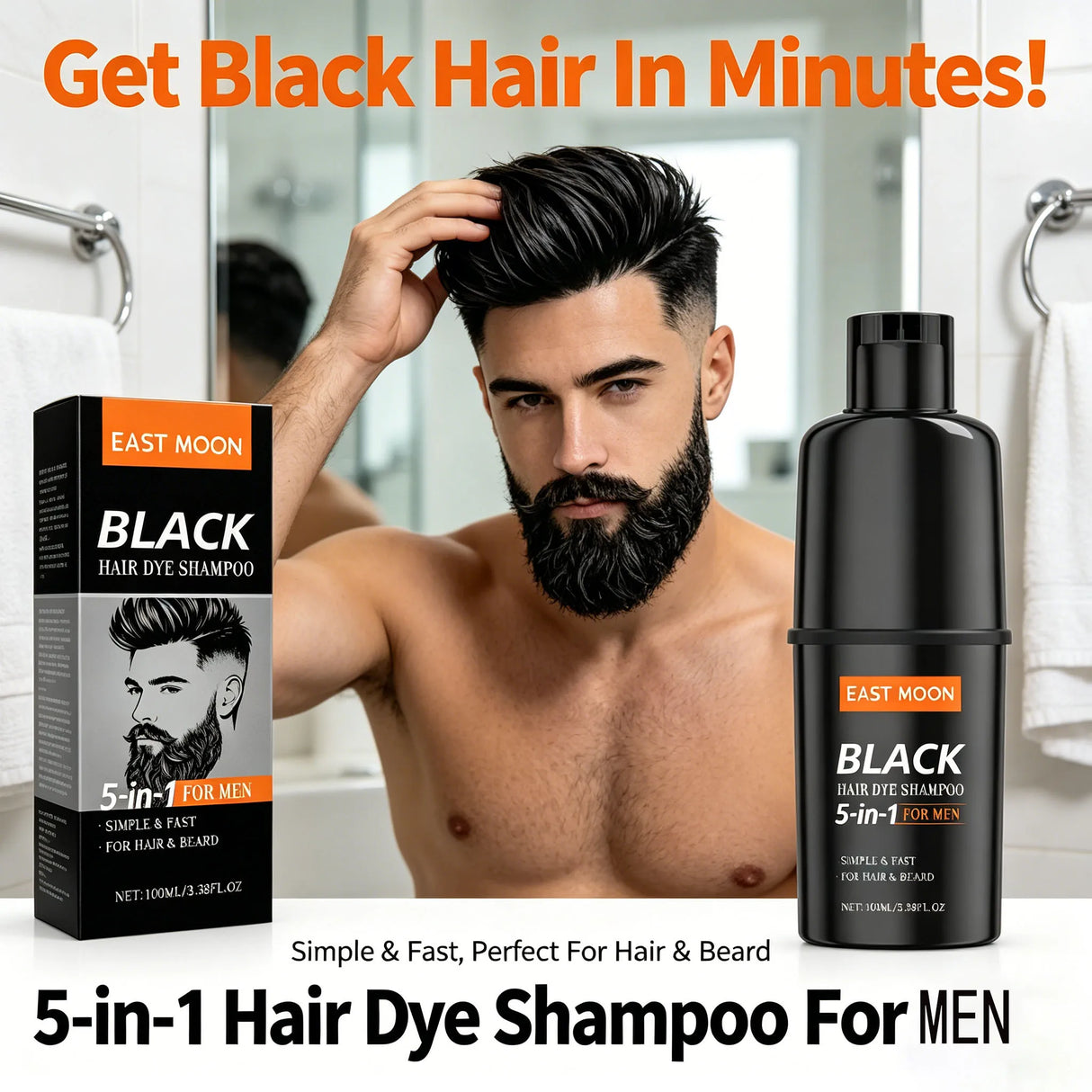 East Moon Men's Black Hair Dye Shampoo Fast Coloring Removal White Gray Hair Long Lasting Nourishing Natural Beard Dye Shampoo