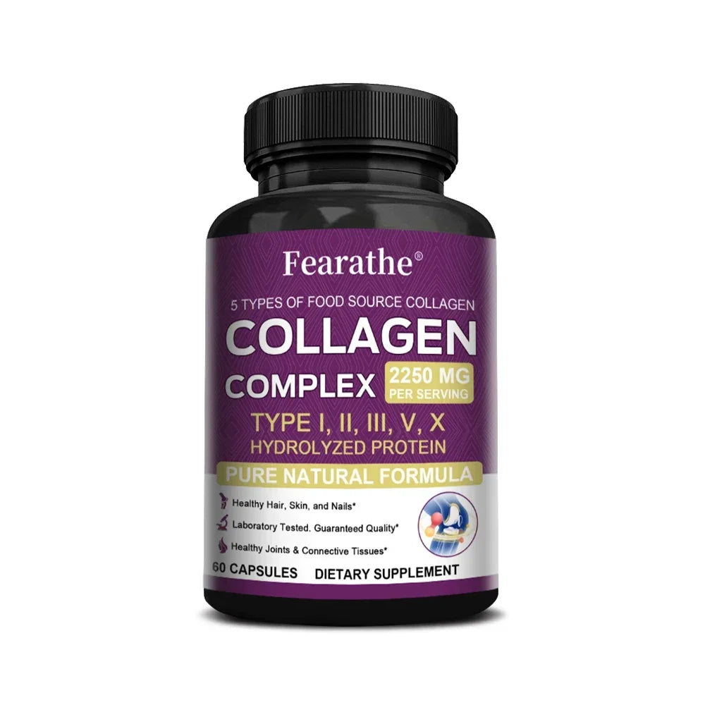 Multi Collagen Complex Capsules, 5-Type Collagen Peptides, Support Skin Hair Nail Joint Bone Nutrition Immune & Digestive Health