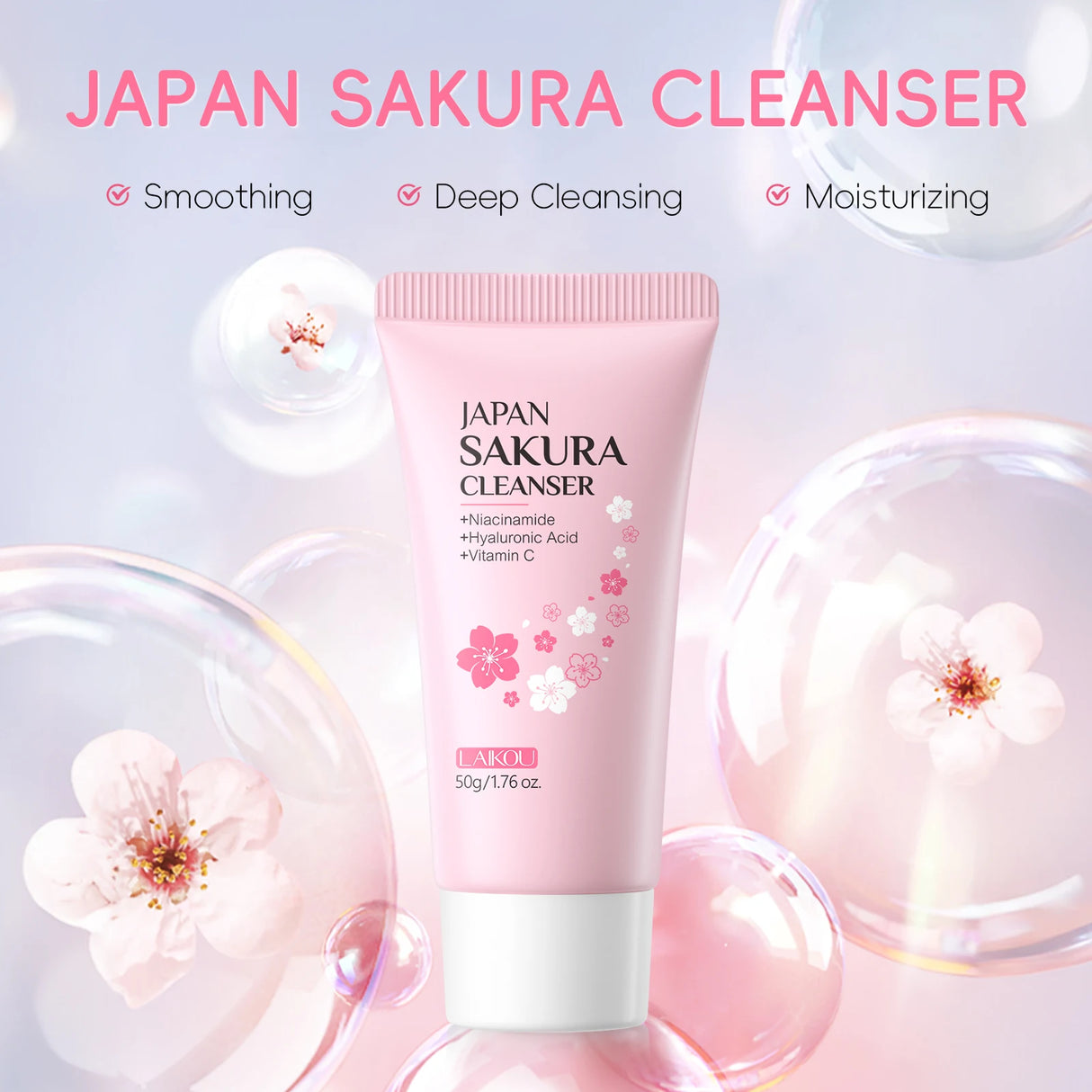 LAIKOU Japan Sakura Facial Cleanser Oil Control Cleansing Face Wash Cream Pore Clean