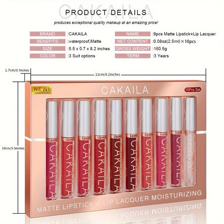 10 Pcs Matte Lipstick Lip Gloss Sets Long-Lasting Non-Fading Waterproof Non-stick Cup Exquisite Gift Everyday Holiday Universal