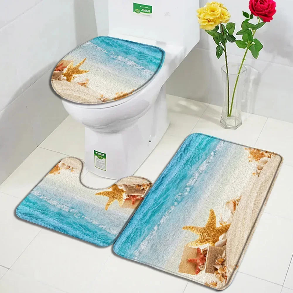 Abstract Marble Bath Mat Sets Modern Geometric Gold Lines Blue Texture Pattern Bathroom Decor Carpet Non-Slip Rugs Toilet Cover