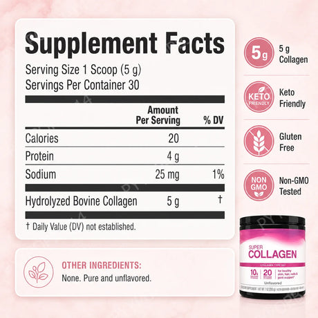 Super Collagen Powder Type 1 & 3 Hydrolyzed Bovine Collagen Supports Healthy Looking Skin Hair Nails Unflavored 20 Servings
