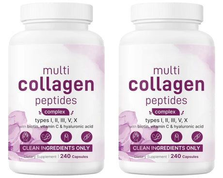 Multi Collagen Pills 240 Capsules | Type I II III V X | Hydrolyzed Protein Peptides with Biotin Hyaluronic Acid & Vitamin C