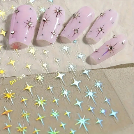 Metal Laser Holographic Star Nail Stickers, Disposable Self-Adhesive Resin Nail Decals for Women, Art Decor Accessories