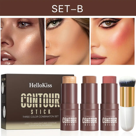 4pcs Contour Stick, Highlighter Stick, Blush Stick 4pcs Cream Contour Kit with Contour Brush, Create Face Contour, Non-greasy