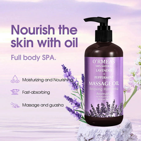Lavender & Peppermint Infused Massage Body Oil - Warming & Moisturizing Formula for Men & Women, 10.2 Fl.Oz