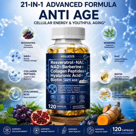 Resveratrol+NAC+NAD+Collagen Peptides+Hyaluronic Acid+Biotin Capsules, Boost Energy & Focus, Anti-Aging, Cellular Vitality