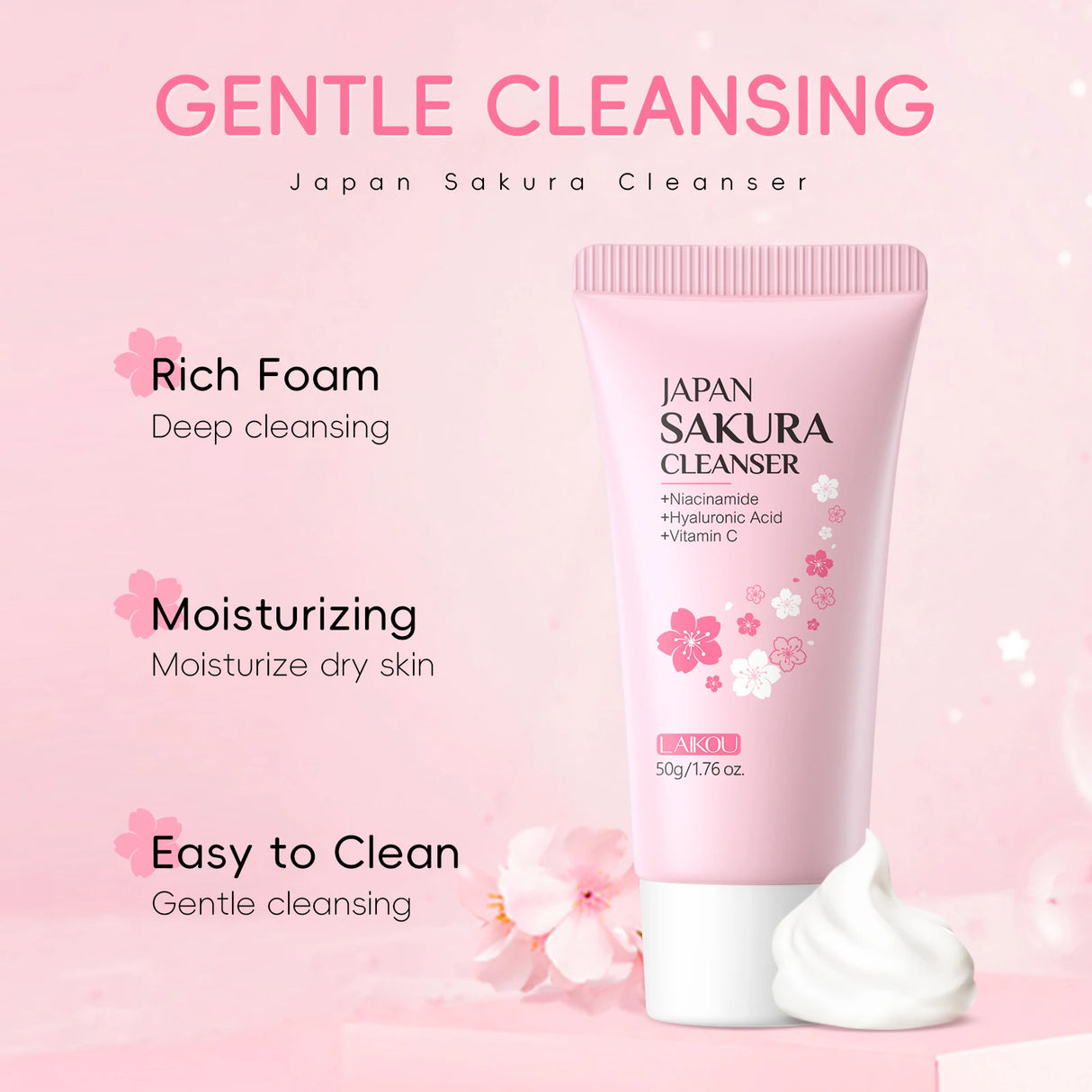 LAIKOU Japan Sakura Facial Cleanser Oil Control Cleansing Face Wash Cream Pore Clean