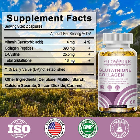 Glutathione Collagen Capsules for Skin Tone Support, Antioxidant, and Daily Beauty Care with Vitamin C L-Cystine Vegan, Natural
