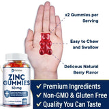 Zinc Gummies 50 Mg - It Helps Improve Cognitive Function, Improve Mood, Enhance Immune Defense, and Antioxidant Effects