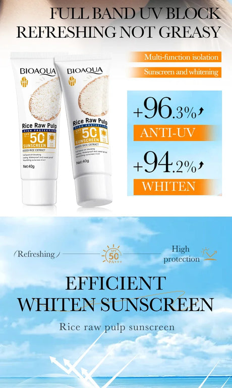 BIOAQUA Rice Raw Pulp Spf 50+ Sunscreen For Face Body Neck Back Protector Solar Blocker Brightening Facial Sun Cream Body Care