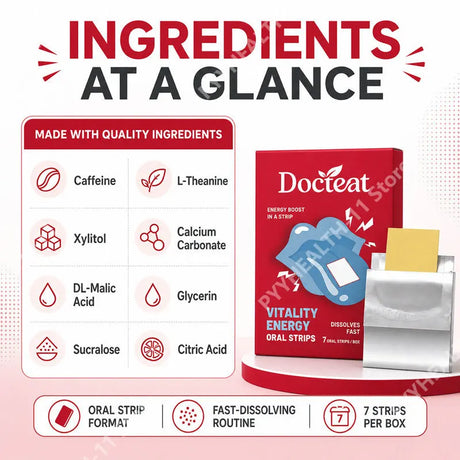 Docteat Vitality Energy Oral Strips with Caffeine and L-Theanine To Quickly Relieve Fatigue and Improve Concentration 7 Strips