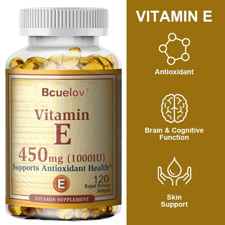 Bcuelov Vitamin E 1000 IU 450mg - for skin, hair, circulatory health, immune system support - antioxidant supplement
