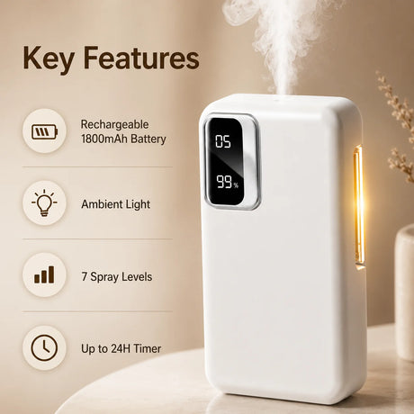Smart Aroma Diffuser, 1800mAh Rechargeable Aromatherapy Machine, Automatic Fragrance Sprayer, Wall Mounted or Desktop Air Freshener with Ambient Night Light, 7 Spray Levels, 24H Timer for Bathroom Bedroom Office Hotel Home