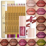 12Pcs Matte Lip Liner Pencil Set With Liquid Lip Gloss Waterproof Long Lasting Non-transfer Nude Brown Lip Makeup Kit Plump Lip Contour Cosmetic For Women