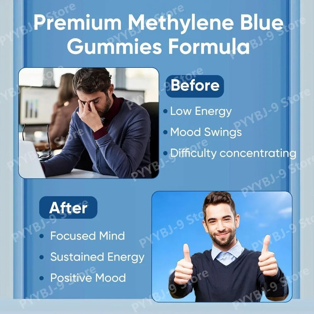 Methylene Blue Gummies 5mg, 99.9% Pure USP‑Grade, for Cognitive Support, Mental Clarity, Lifted Mood, Sharper Focus, 30/60 CT