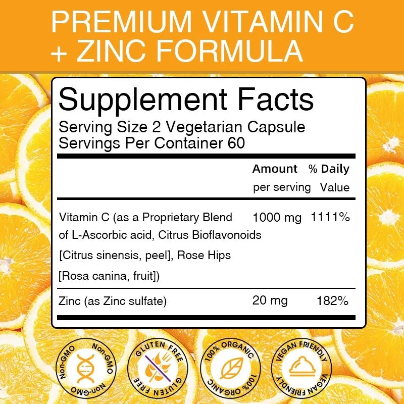 Vitakit Vitamin C 1000mg with Zinc 20mg 120 Capsules Vitamin Dietery Supplement | Non-GMO & Gluten Free Vegan