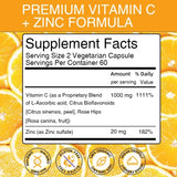 Vitakit Vitamin C 1000mg with Zinc 20mg 120 Capsules Vitamin Dietery Supplement | Non-GMO & Gluten Free Vegan
