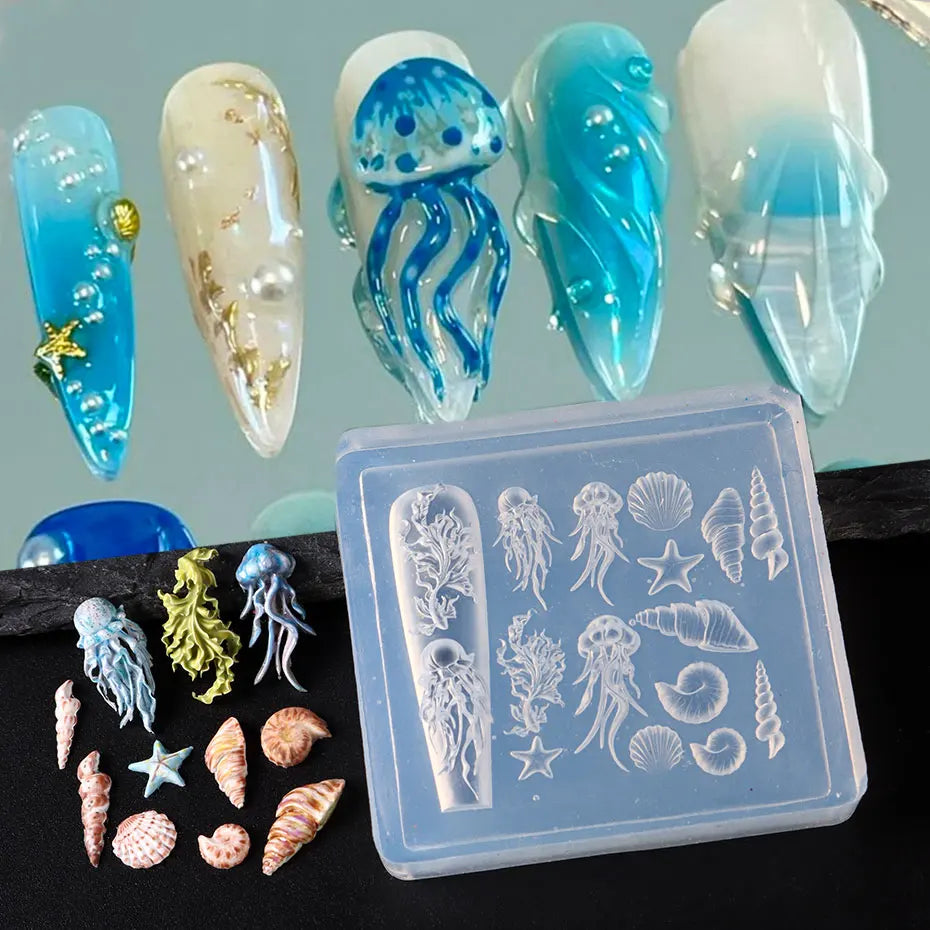 1pc Ocean Series Animal Silicone Mold Sea Shell Conch Nail Stamplates Starfish Seaweed 3D Soft Charm Manicure Mold Stencil Tools